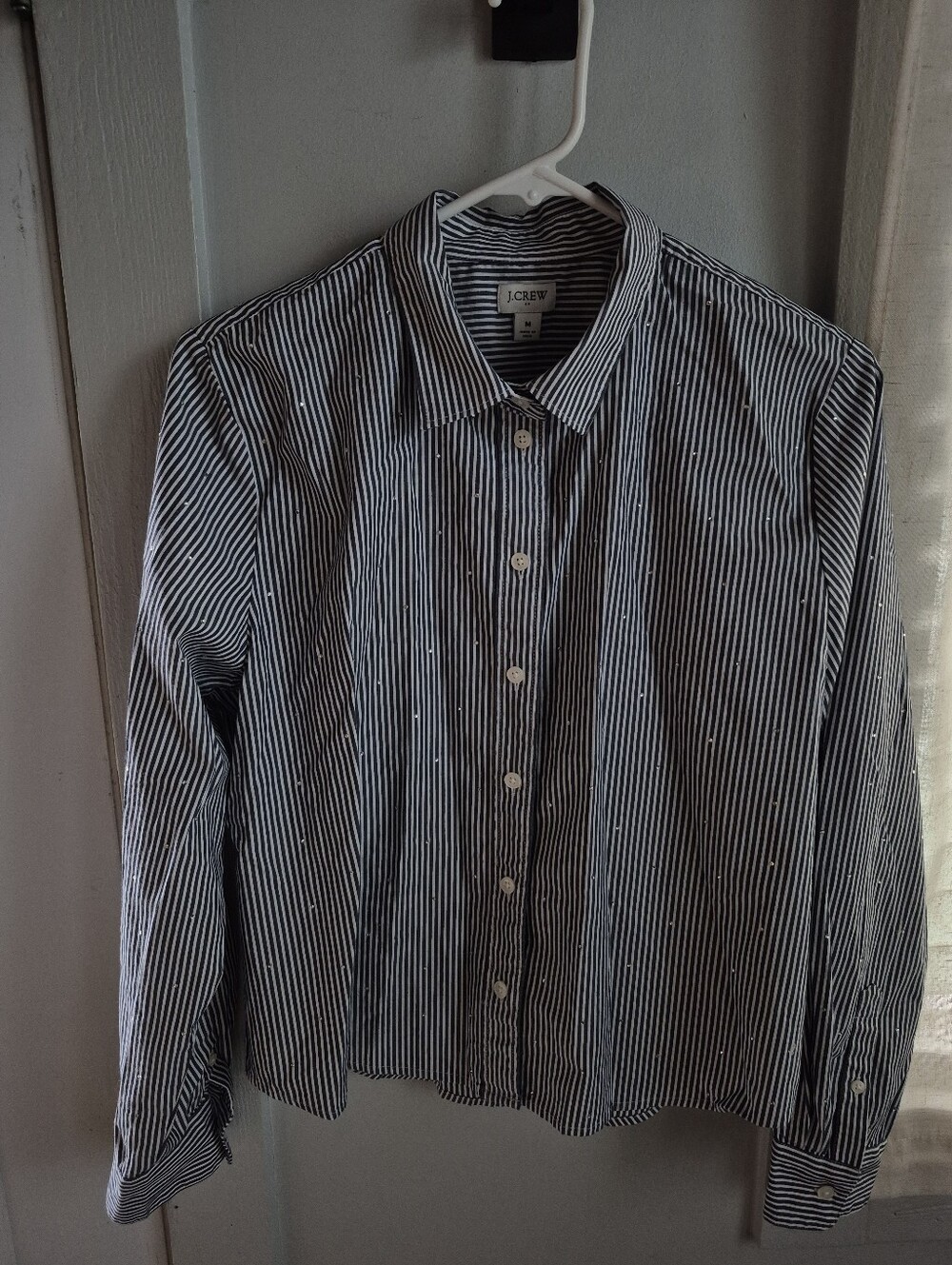 J. Crew Embellished  Navy & White Striped Cotton Button-Down Shirt